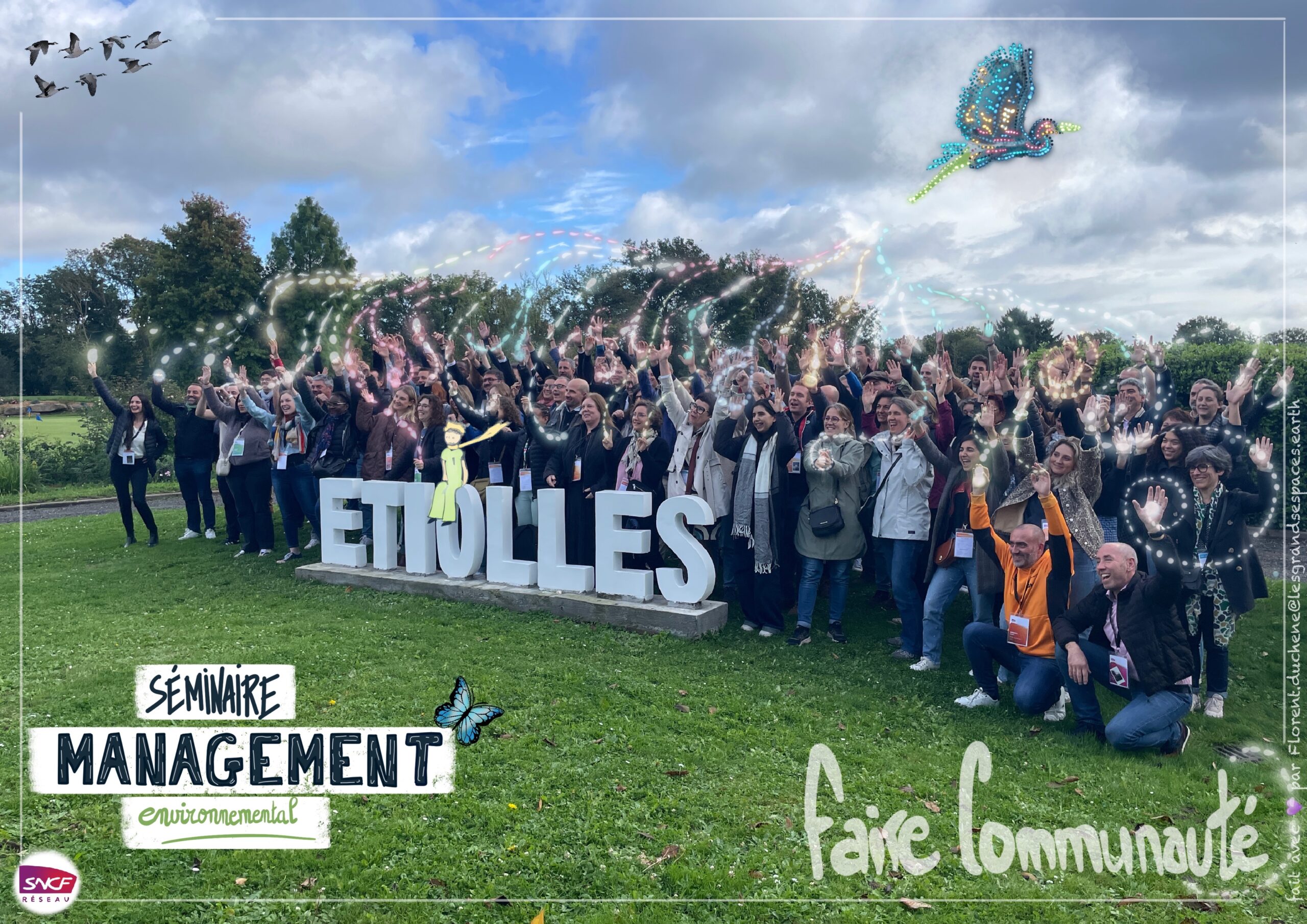 Photo augmentée réalisée par un facilitation graphique de Toulouse, représentant un groupe de 100 personnes qui se posent la question de ce qui les rassemble